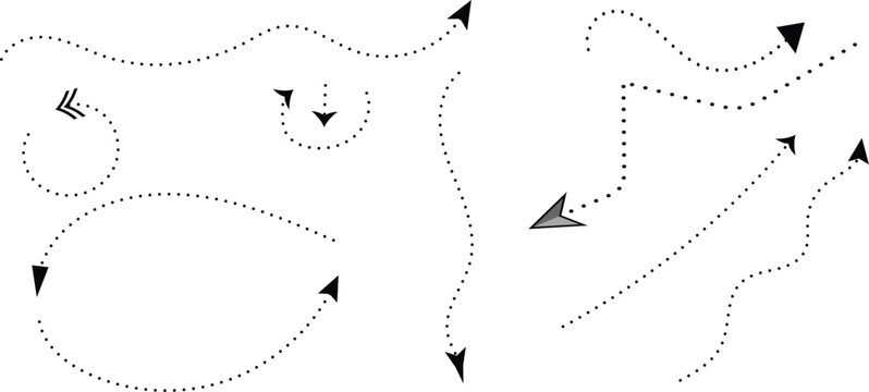 Dotted arrow vector set, black dashed line pointers for navigation and flow, curved and straight motion path indicators, decorative graphic elements for diagrams and maps