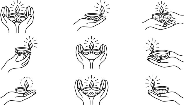 Minimalist outline collection of hands holding traditional Diwali diya lamps with glowing flames, elegant black line art vector icon set