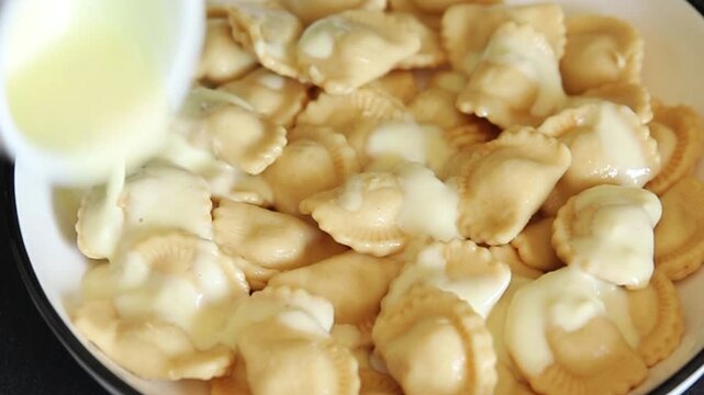 Ravioli meat filling dumpling vareniki food preparation tasty snack fresh gourmet food background on the table rustic food top view copy space
