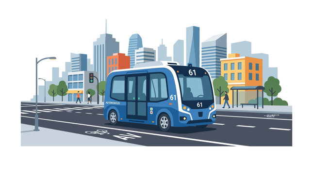 Autonomous shuttle bus driving on city street with modern buildings background