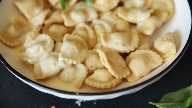 Ravioli meat filling dumpling vareniki food preparation tasty snack fresh gourmet food background on the table rustic food top view copy space