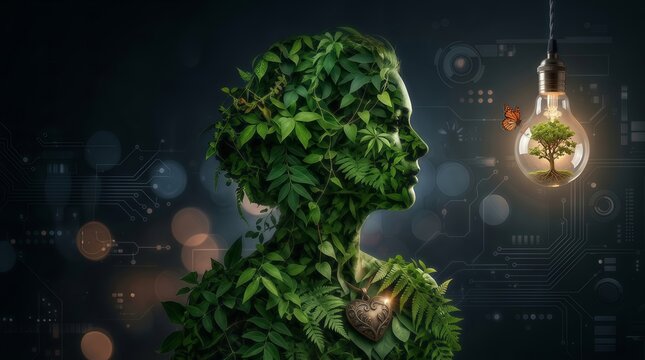 Natureinspired human silhouette with glowing tree lightbulb