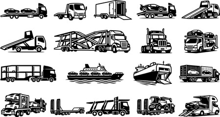 Obraz premium Vehicle Transport and Automotive Logistics Outline Icon Set – Car Carrier Trucks, Auto Shipping Trailers, Tow Trucks, Cargo Ships and Vehicle Delivery Vector Collection