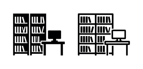 Library or office room with bookshelves and a computer workstation, research and knowledge © liubomir118809