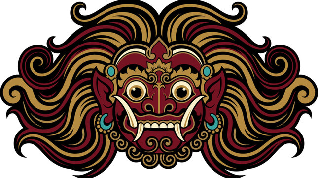 Balinese Rangda mask with long flowing dark hair.