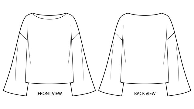 Boat neck wide sleeve oversized sweater flat technical drawing illustration mock-up template for design and tech packs women fashion CAD streetwear