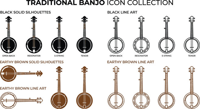 Traditional banjo icon collection featuring open back resonator five string and tenor banjos in line art and solid silhouettes