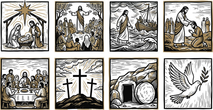 Biblical scenes and life of Jesus Christ icon set featuring the Nativity Sermon on the Mount walking on water Last Supper
