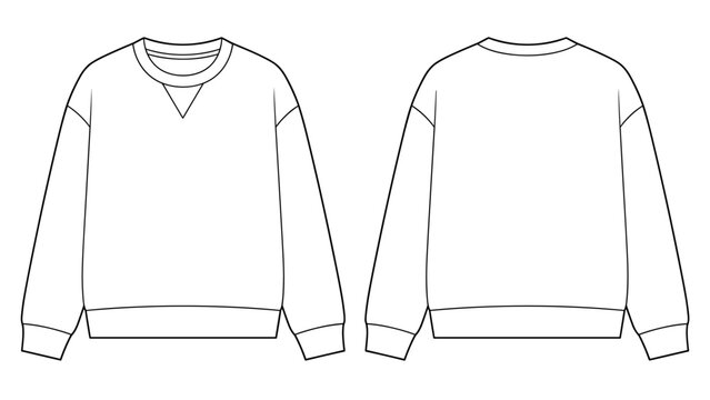 V-insert neck detail crewneck sweatshirt flat technical drawing illustration mock-up template for design and tech packs men fashion CAD streetwear