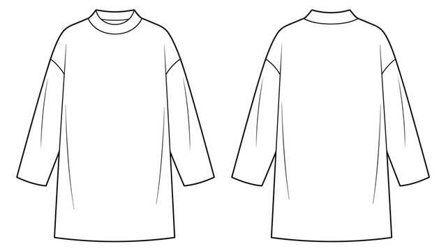 Elongated tunic mock neck sweater flat technical drawing illustration mock-up template for design and tech packs women fashion CAD streetwear
