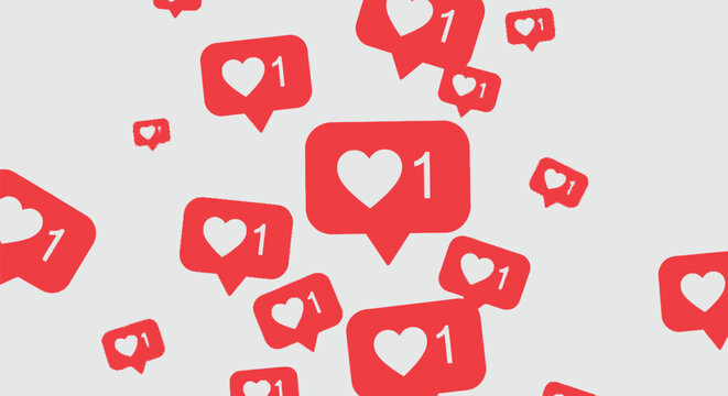 Red social media like notification icons with heart symbol and number one scattered on light gray background.