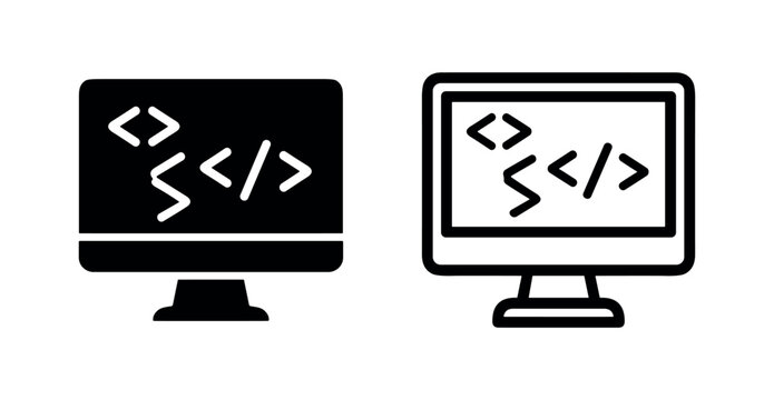 Coding and programming icon showing a computer monitor with code tags, symbolizing web development and software.