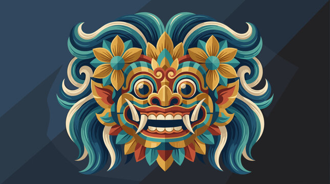 Blue and gold Balinese spirit mask on dark background.