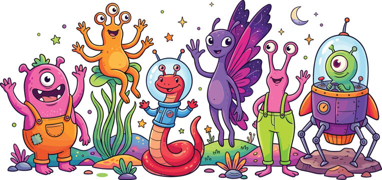Cute outer space aliens and friendly monsters collection vector illustration featuring colorful funny characters, spaceship rocket, astronaut helmet, stars, and cosmic planetary landscape backdrop