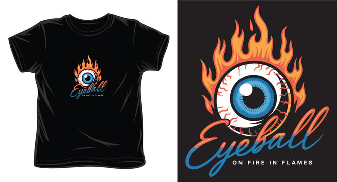 Illustration of flaming eyeball with retro script lettering on black background for apparel design.