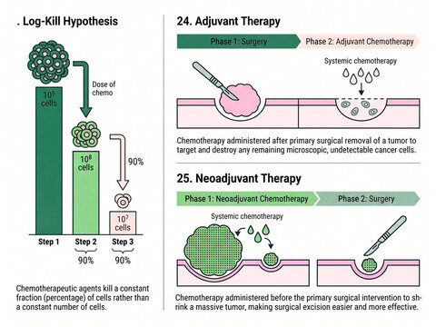 Log-kill hypothesis describes the fractional reduction of cancer cells while adjuvant and neoadjuvant therapies demonstrate the strategic timing of surgery relative to chemotherapy administration.