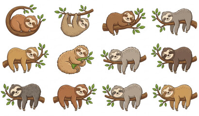 Fototapeta premium Cute Cartoon Sleeping Sloth Vector Collection with Tree Branch Animal Characters