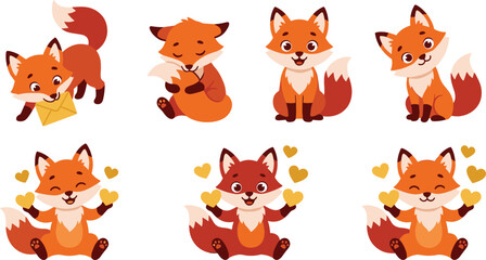 Obraz premium Cute little fox cartoon characters collection set featuring sweet red foxes holding hearts, carrying a love letter envelope, and showing happy emotions isolated on white background vector illustration