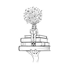 Sketch of a girl reading on a stack of books held by a hand with creative and educational icons above her head