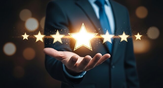 Five star rating concept with glowing gold stars, businessman holding premium quality service award, customer satisfaction and excellence feedback