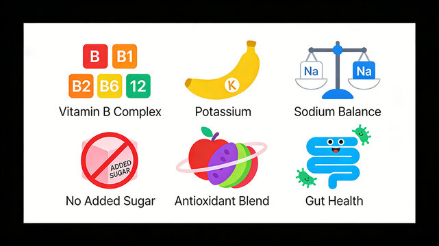 The cartoon icon of fruit and vegetable vitamins and intestinal balance represents gastrointestinal maintenance, multidimensional supplementation, and sugar free healthy diet.
