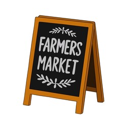 Fototapeta premium Wooden A-frame farmers market sign in rustic style. For seasonal designs, greeting cards, stickers, packaging, branding, kitchen decor.