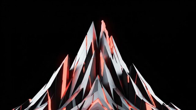Geometric Low Poly Mountain Structure Emerging with Metallic Grey Surface and Glowing Neon Orange Magma Crevices