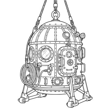 Vintage Steampunk Diving Bell Line Art Illustration