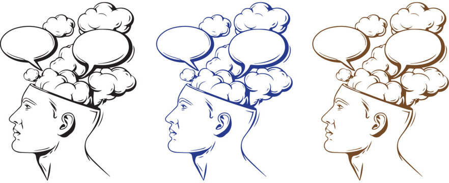 Human head profile with thoughts clouds and empty speech bubbles mental concept vector set