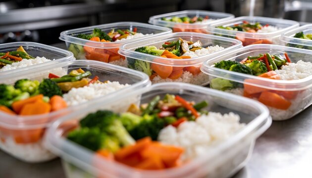 Abundant ready-to-eat meals in clear containers, featuring steamed vegetables and fluffy white rice, prepared for convenient healthy eating options