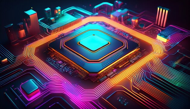 a computer chip is shown in a neon color scheme