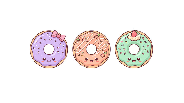 Colorful cartoon donuts with smiling faces. Sweet treats with icing and toppings.