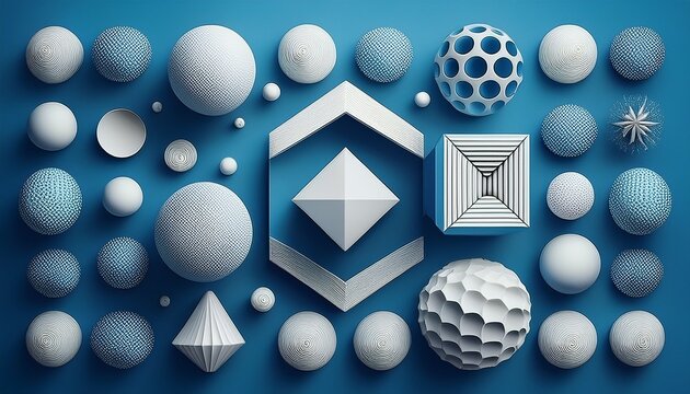 a blue background with a variety of shapes and sizes of white spheres and cubes
