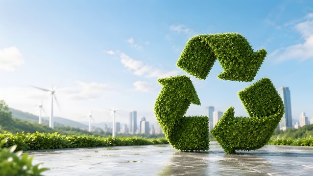 Sustainable urban recycling concept featuring large green leaf recycle symbol with modern city skyline and wind turbines background