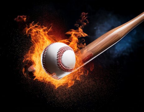a baseball stadium ultra realistic baseball bat hitting fire baseball causing explosion between bat and ball isolated on black background
