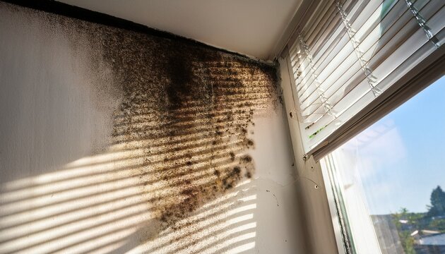 black mold growth on walls and ceiling near window with blinds