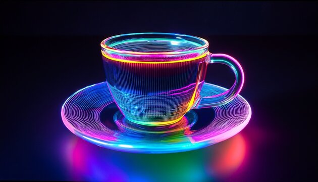 a cup of coffee is lit up with neon colors and is sitting on a glass plate