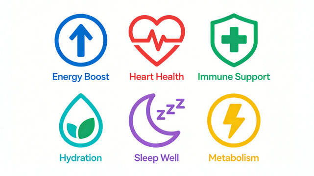 The collection of simple colored circular health signs presents the key points of physical maintenance, representing daily anti fatigue, physical and mental care, and basic nutritional supplementation