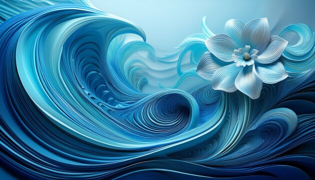 artistic sculpted flower emerging from a graceful blue wave