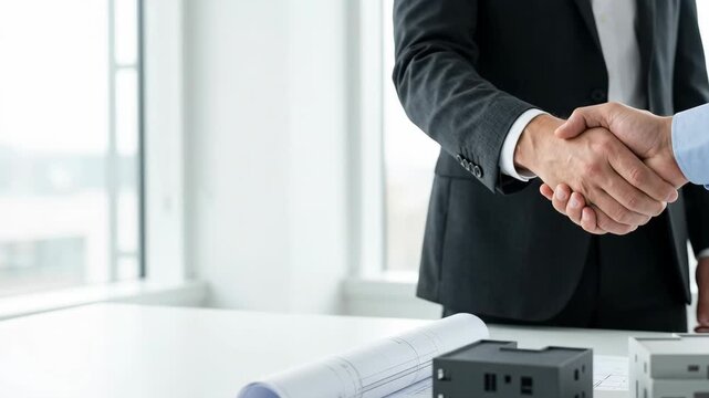 Business deal handshake real estate contract office agreement property meeting agent buyer closing. Home property mortgage investment. agent broker client partnership, contract meeting success