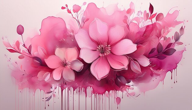 abstract floral composition with dripping pink watercolor