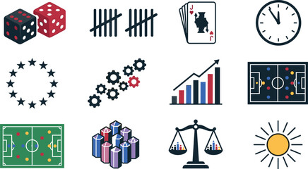 Abstract Strategic Management and Business Analytics Icon Set with Isometric Blocks Balance Scale Green Soccer Field Gears Tally Marks and Financial Growth Chart Symbols © MdTobarak