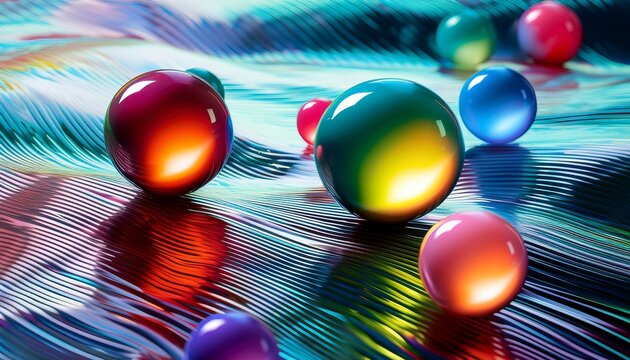 glossy colorful spheres reflecting light on a wavy surface
