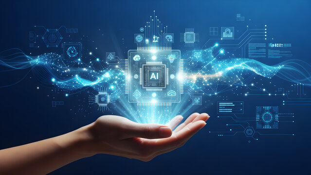 Futuristic Artificial Intelligence Technology Interface Emerging from Human Hand with Digital Data Network, Machine Learning Innovation, Smart Automation, Cloud Computing