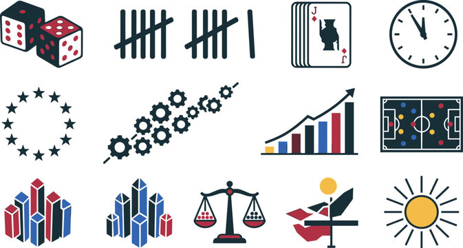 Abstract Conceptual Business and Strategy Icon Set with Dice Tally Marks Playing Cards Growth Chart Scale and Star Circle Flat Symbols for Presentations