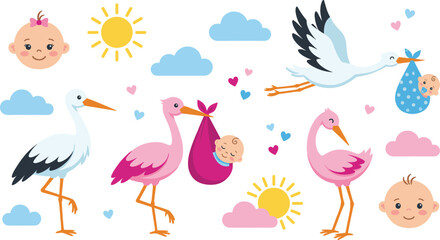 Cute baby shower vector element set featuring flying storks delivering newborn infants, sweet baby boy and girl faces, clouds, sun, and hearts decoration collection on white background © MdSaddam