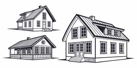 Scandinavian style houses, minimalist line black and white scandinavian house line minimalist traditional architecture © Mamun