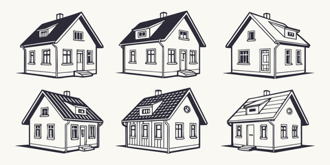 Scandinavian-style house set, black and white line pitched roofs, gable windows, chimneys scandinavian house © Mamun