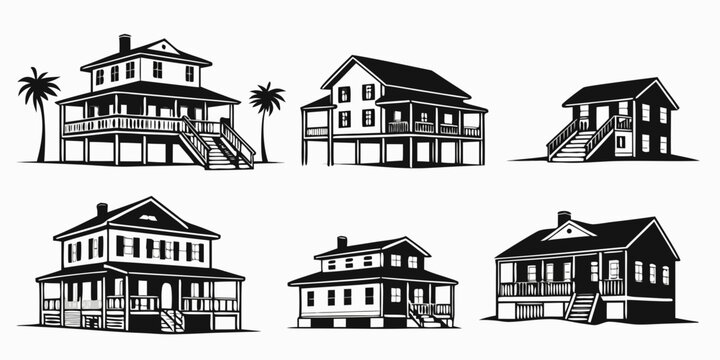 Set of ten black and white beach house with gable roofs and dormers dormer window line minimalist