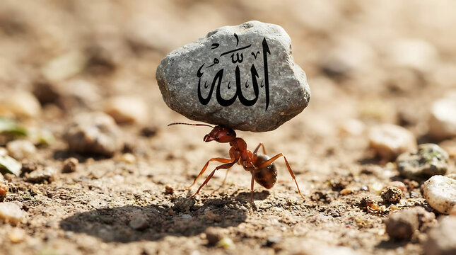 Ant balancing stone with engraved text on sand